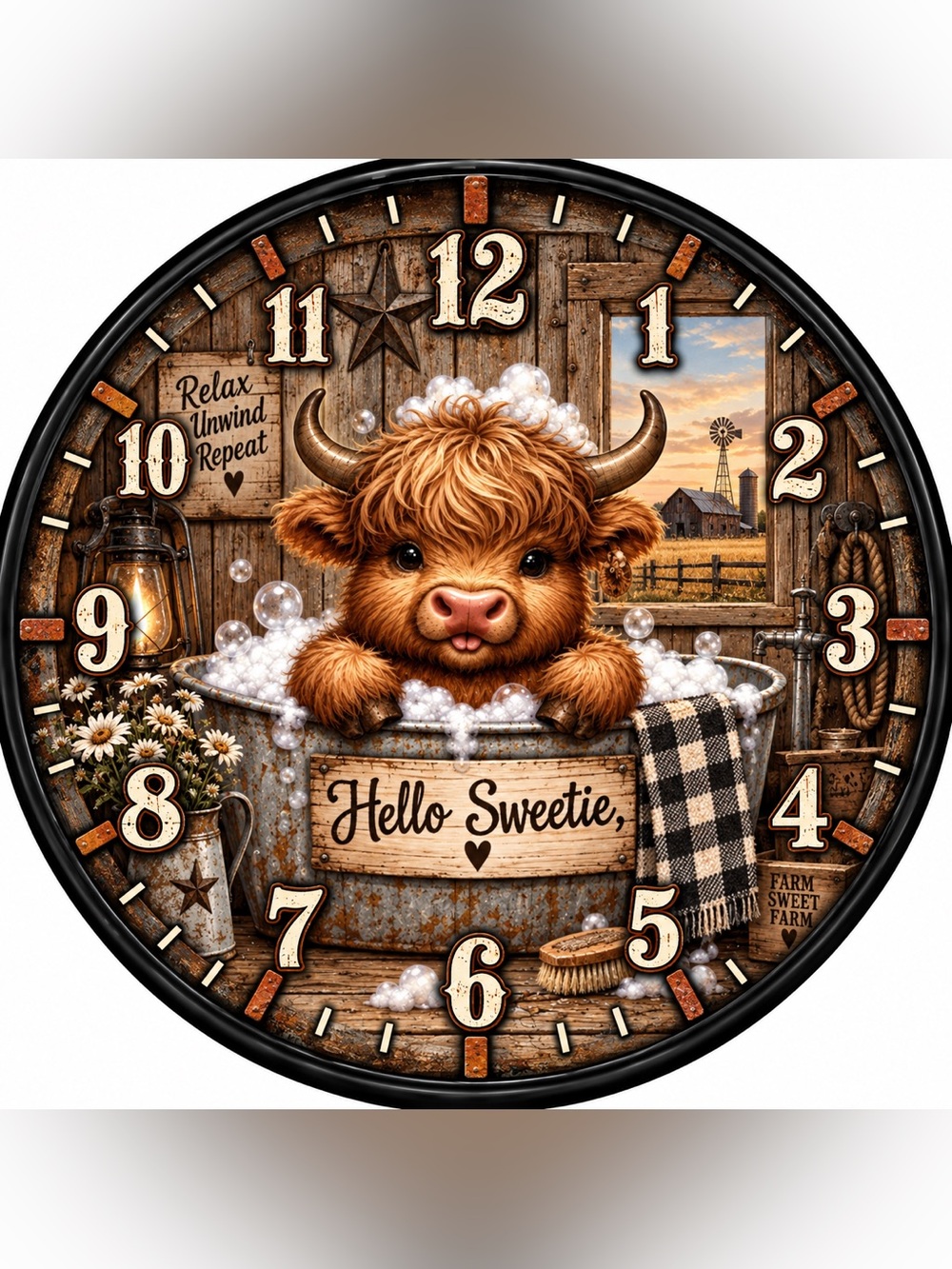 Hello Sweetie Brown Highland Cow Wall Clock - Rustic Home Wall Decor